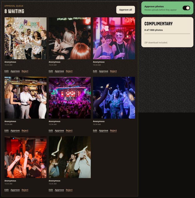 The host's approval queue with eight photos waiting, an Approve all button and the Approve photos switch turned on.