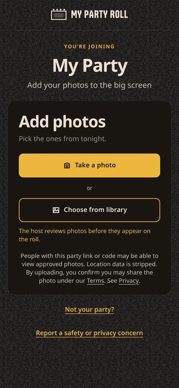 A phone showing the guest upload page, with Take a photo and Choose from library buttons.