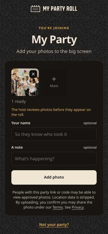 A phone with one photo ready to send and an Add photo button.