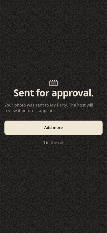 A phone confirming Sent for approval: the host will review the photo before it appears.