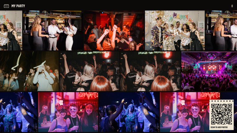 A big screen filled with party photos, with a QR code in the corner so more guests can join.