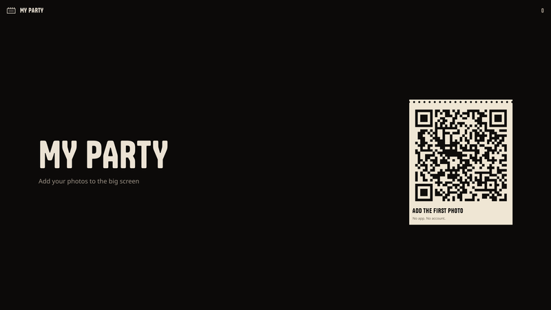 The party's big-screen display: a large QR code with the words Add the first photo, No app. No account.
