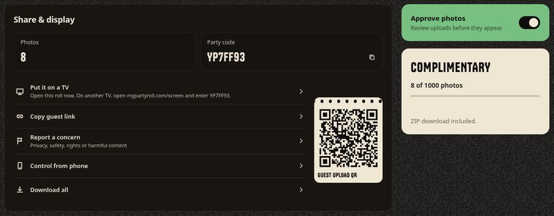 The host's Share and display panel with a Download all option, next to a card confirming ZIP download included.